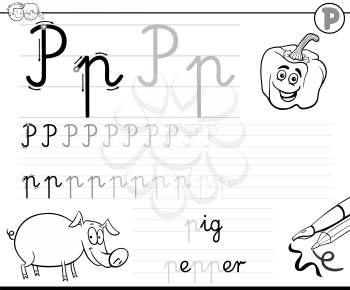 Black and White Cartoon Illustration of Writing Skills Practice with Letter P Worksheet for Preschool and Elementary Age Children Coloring Book