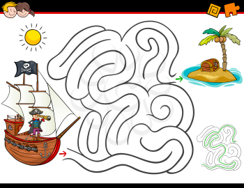 Cartoon Illustration of Education Maze or Labyrinth Activity Game for Children with Pirate Character with Ship and Treasure Island