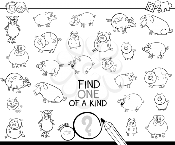 Black and White Cartoon Illustration of Find One of a Kind Picture Educational Activity Game for Children with Pig and Piglet Characters Coloring Book