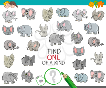 Cartoon Illustration of Find One of a Kind Picture Educational Activity Game for Children with Elephant Characters