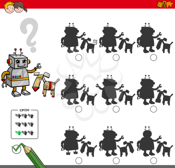 Cartoon Illustration of Finding the Shadow without Differences Educational Activity for Children with Two Robotic Characters