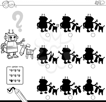 Black and White Cartoon Illustration of Finding the Shadow without Differences Educational Activity for Children with Two Robotic Characters Coloring Book