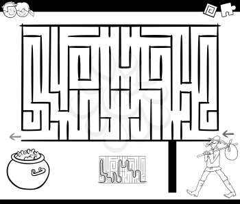 Black and White Cartoon Illustration of Education Maze or Labyrinth Game for Children with Wanderer Fantasy Character and Treasure Coloring Page