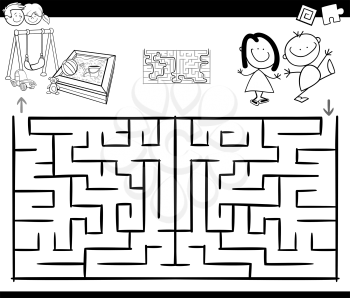 Black and White Cartoon Illustration of Education Maze or Labyrinth Game for Children with Children Characters and Playground Coloring Page