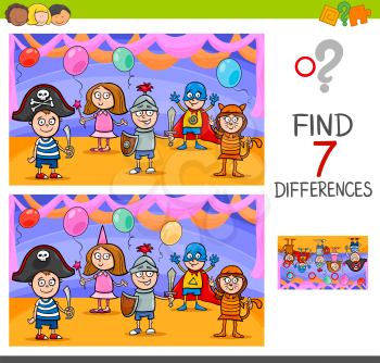 Cartoon Illustration of Finding Differences Between Pictures Educational Activity Game with Playful Children Characters on Masked Ball