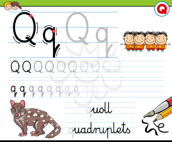 Cartoon Illustration of Writing Skills Practice with Letter Q Worksheet for Preschool and Elementary Age Children