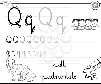 Black and White Cartoon Illustration of Writing Skills Practice with Letter Q Worksheet for Preschool and Elementary Age Children Coloring Book