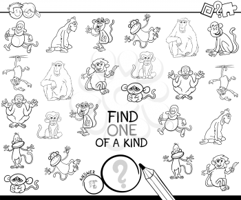 Black and White Cartoon Illustration of Find One of a Kind Picture Educational Activity Game for Children with Monkey Characters Coloring Book