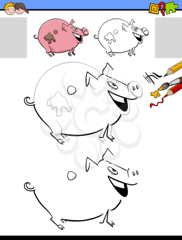 Cartoon Illustration of Drawing and Coloring Educational Activity for Children with Milker Pig Farm Animal Character