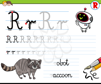 Cartoon Illustration of Writing Skills Practice with Letter R Worksheet for Preschool and Elementary Age Children