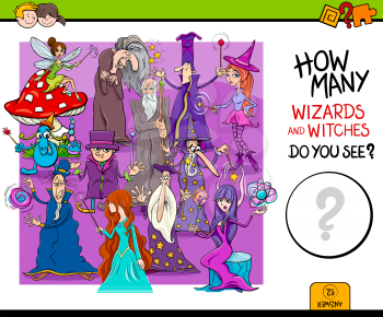 Cartoon Illustration of Educational Counting Activity Game for Children with Wizards and Witches Fantasy Characters