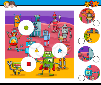 Cartoon Illustration of Educational Match the Pieces Jigsaw Puzzle Game for Children with Robots Characters