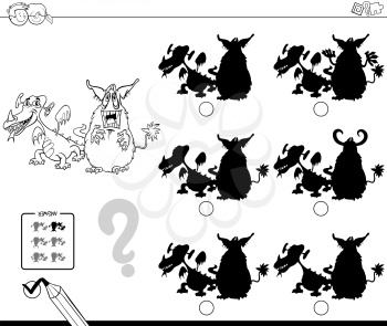 Black and White Cartoon Illustration of Finding the Shadow without Differences Educational Activity for Children with Monster Characters Coloring Book