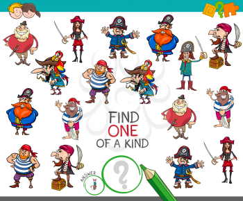 Cartoon Illustration of Find One of a Kind Educational Activity Game for Children with Pirates Comic Characters