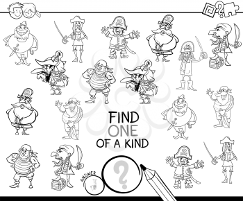 Black and White Cartoon Illustration of Find One of a Kind Educational Activity Game for Children with Pirates Comic Characters Coloring Book