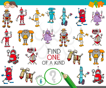 Cartoon Illustration of Find One of a Kind Educational Activity Game for Children with Robots Fantasy Characters