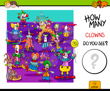 Cartoon Illustration of Educational Counting Game for Children with Clowns Circus Characters