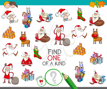 Cartoon Illustration of Find One of a Kind Educational Activity Game for Children with Santas and Christmas Characters