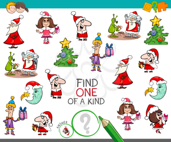 Cartoon Illustration of Find One of a Kind Educational Activity Game for Children with Christmas Characters and Objects