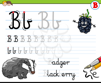 Cartoon Illustration of Writing Skills Practice with Letter B Worksheet for Preschool and Elementary Age Children