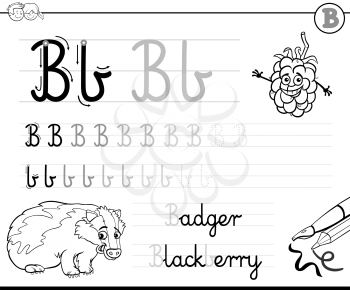 Black and White Cartoon Illustration of Writing Skills Practice with Letter B Worksheet for Preschool and Elementary Age Children Coloring Book