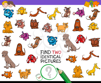 Cartoon Illustration of Finding Two Identical Pictures Educational Activity Game for Children with Dog and Puppy Characters