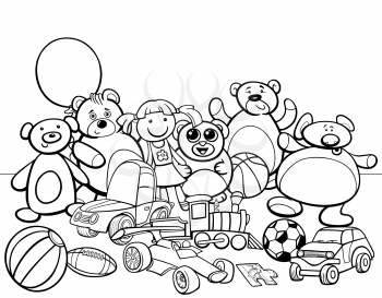 Black and White Cartoon Illustration of Toys Objects Characters Group Coloring Book