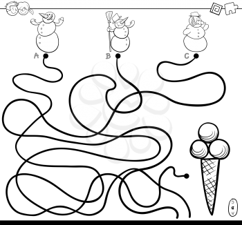Black and White Cartoon Illustration of Paths or Maze Puzzle Activity Game with Snowman Characters and Ice Cream Coloring Book