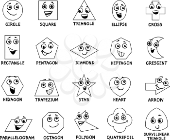 Black and White Cartoon Illustration of Educational Basic Geometric Shapes Characters with Captions for Preschool or Elementary School Children