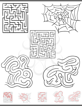 Illustration of Black and White Mazes or Labyrinths Leisure Games Set with Solutions