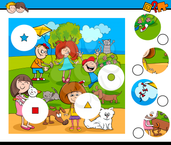 Cartoon Illustration of Educational Match the Pieces Jigsaw Puzzle Game for Kids with Happy Children and Pets