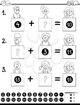 Black and White Cartoon Illustration of Educational Mathematical Addition Puzzle Game for Children with Animal Characters Coloring Book