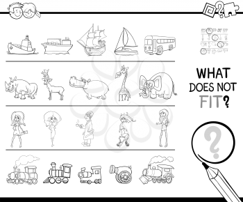 Black and White Cartoon Illustration of Finding Picture that does not Fit in a Row Educational Game with People and Animal and Objects Coloring Book