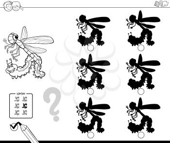 Black and White Cartoon Illustration of Finding the Shadow without Differences Educational Activity for Children with Insects Animal Characters Coloring Book