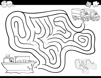 Black and White Cartoon Illustration of Education Maze or Labyrinth Activity Game for Children with Container Ship and Trucks Coloring Book