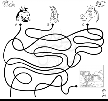 Black and White Cartoon Illustration of Paths or Maze Puzzle Activity Game with Farm Animal Characters and Meadow Coloring Book