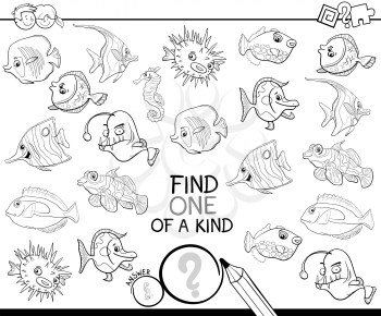 Black and White Cartoon Illustration of Find One of a Kind Picture Educational Activity Game for Children with Fish Sea Life Animal Characters Coloring Book
