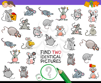 Cartoon Illustration of Finding Two Identical Pictures Educational Activity Game for Children with Mice Animal Characters