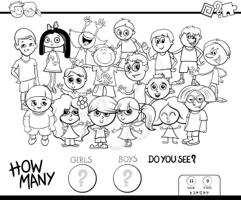 Black and White Cartoon Illustration of Educational Counting Game for Children with Girls and Boys Funny Characters Group Coloring Book