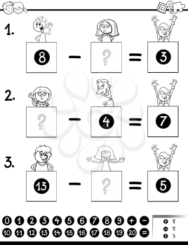 Black and White Cartoon Illustration of Educational Mathematical Subtraction Puzzle Game for Preschool and Elementary Age Children with Boys and Girls Funny Characters Coloring Book