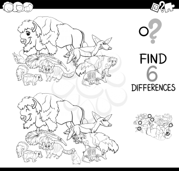 Black and White Cartoon Illustration of Finding Six Differences Between Pictures Educational Activity Game for Kids with Wild Animal Characters Group Coloring Book