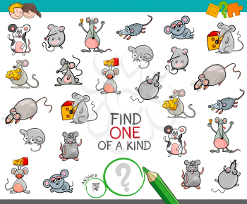 Cartoon Illustration of Find One of a Kind Picture Educational Activity Game for Children with Mouse Characters