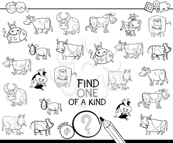 Black and White Cartoon Illustration of Find One of a Kind Picture Educational Activity Game for Children with Cow Characters Coloring Book