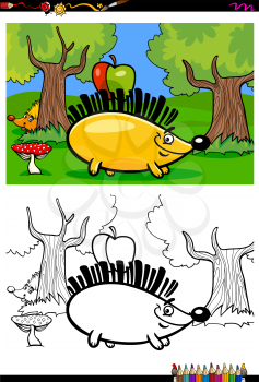 Cartoon Illustration of Hedgehog with Apple in the Forest Coloring Book Activity