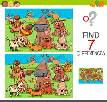 Cartoon Illustration of Finding Differences Between Pictures Educational Activity Game for Children with Dogs Animal Characters Group