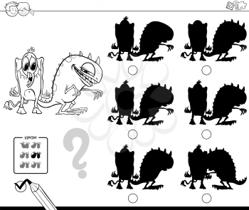 Black and White Cartoon Illustration of Finding the Shadow without Differences Educational Activity for Children with Funny Monster Characters Coloring Book