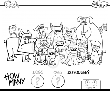 Black and White Cartoon Illustration of Educational Counting Game for Children with Cats and Dogs Domestic Animals Funny Characters Group Coloring Book
