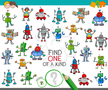 Cartoon Illustration of Find One of a Kind Educational Activity Game for Children with Robots Science Fiction Characters