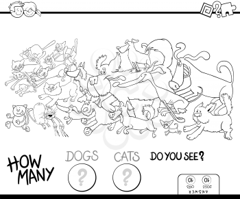 Black and White Cartoon Illustration of Educational Counting Game for Children with Running Dogs and Cats Animal Characters Coloring Book
