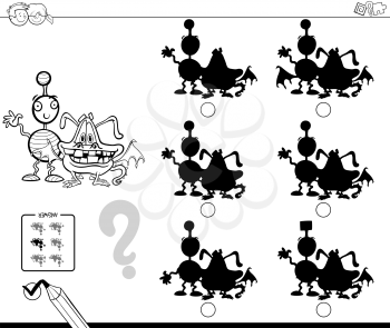 Black and White Cartoon Illustration of Finding the Shadow without Differences Educational Activity for Children with Comic Monster Characters Coloring Book